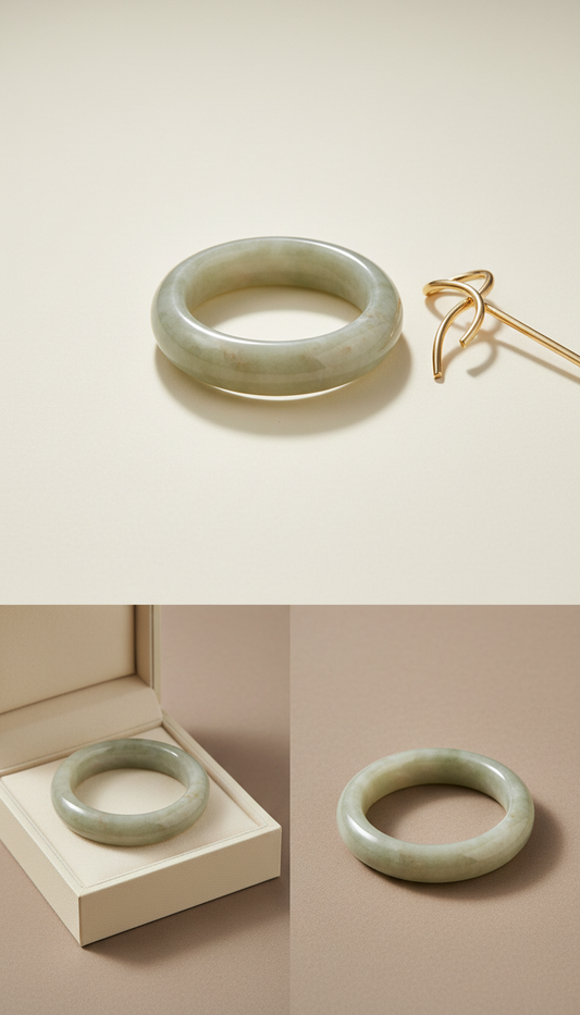 Porcelain Taupe Jade Bangle with Gold Accent Hairpin